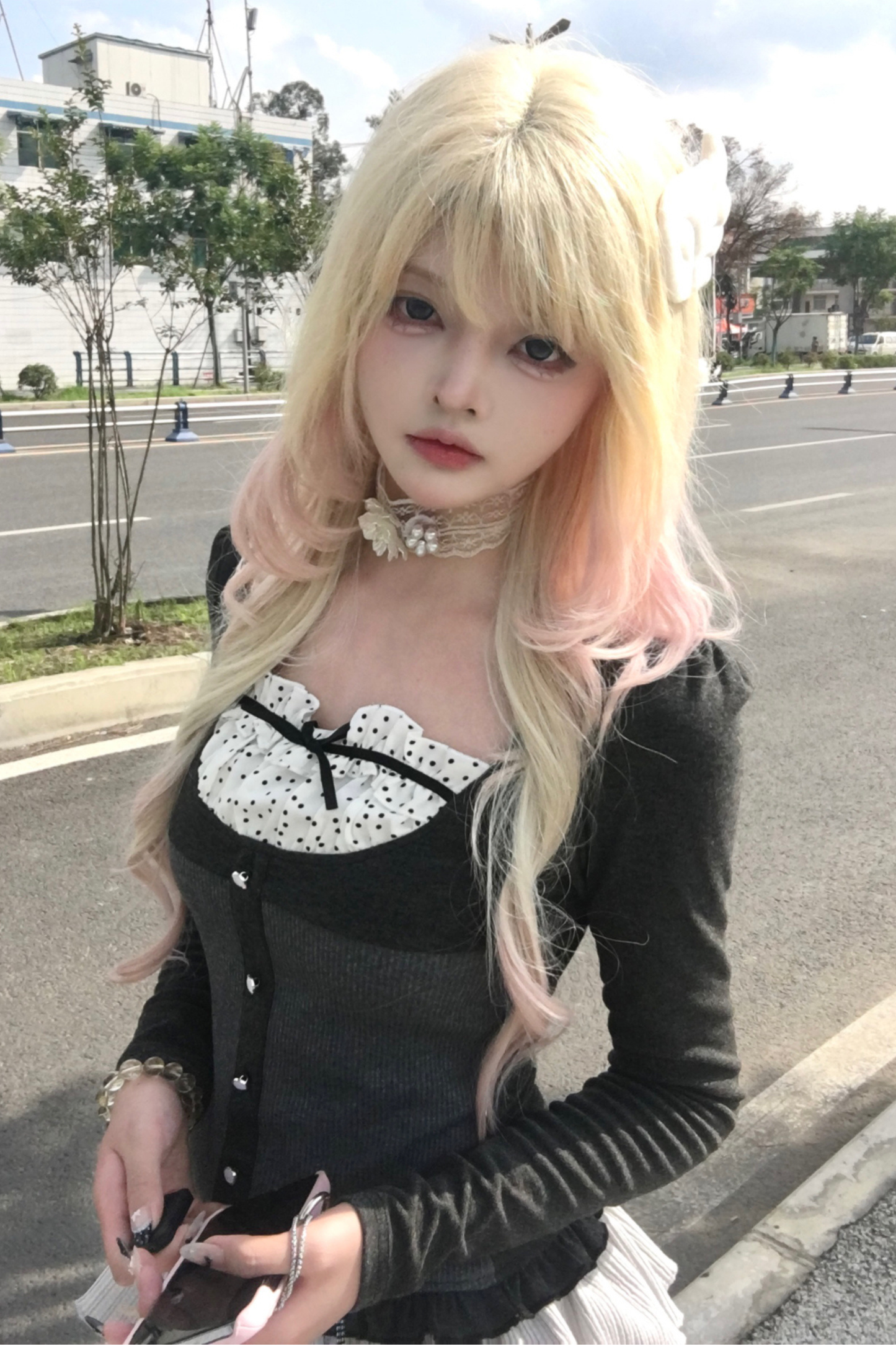 スリムリボンドットスリムトップス+ケーキスカート