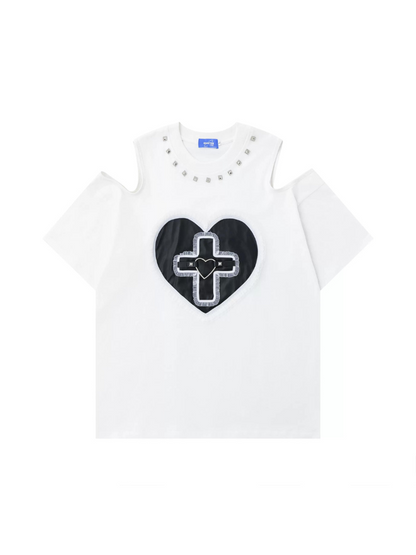 Cross Lace Love Rivet Street Off Shoulder T-Shirt