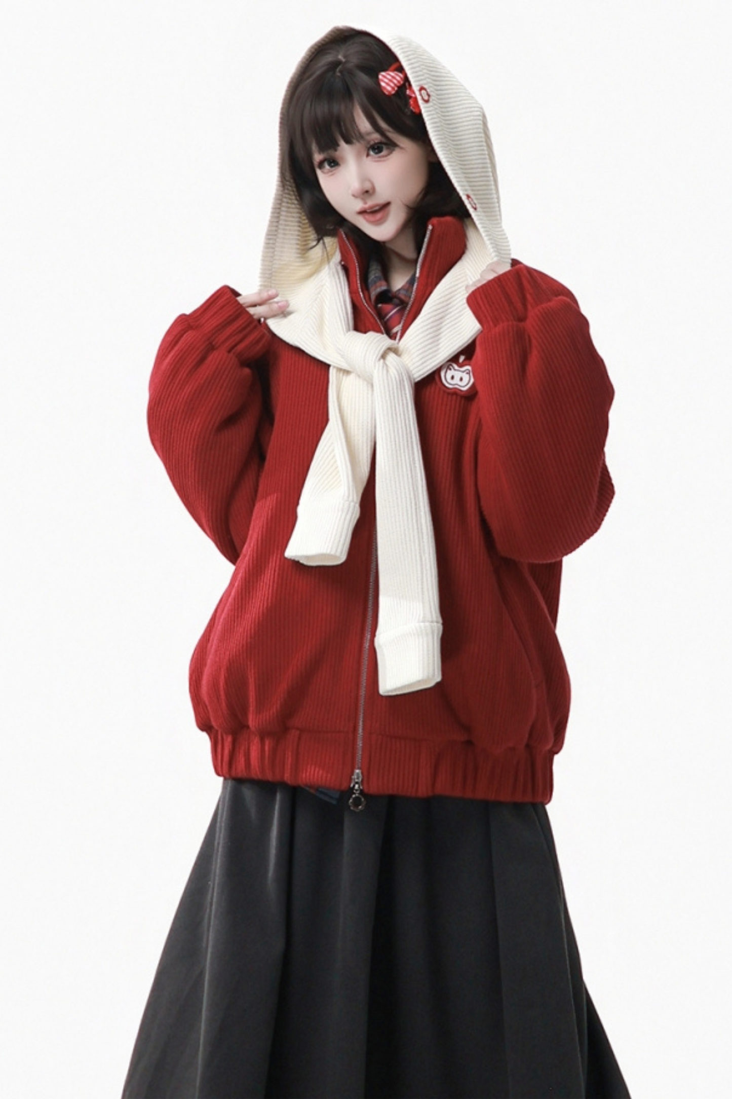 アップルブラックティーフリースコート+フーディー+ロングスカート+ショートスカート+フードマフラー