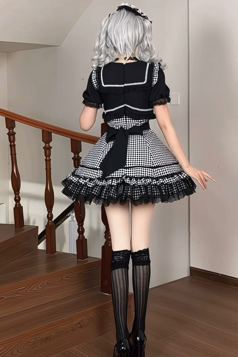 千鳥格子ダークスイートスリーブ付きロリータドレス