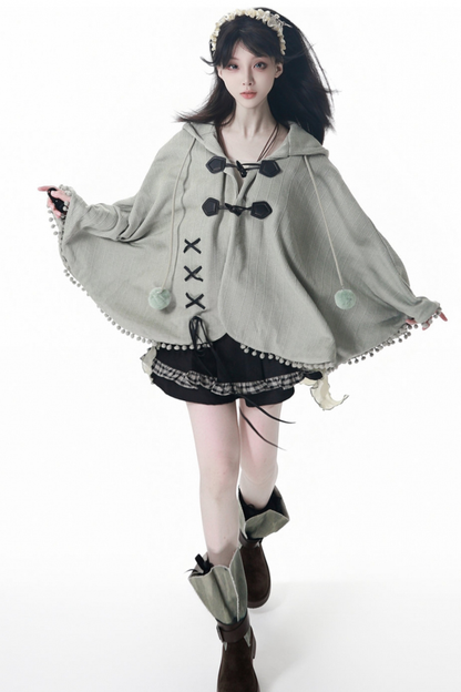 Check Ribbon Camisole Two Piece Jacket + Cape Coat + Skirt