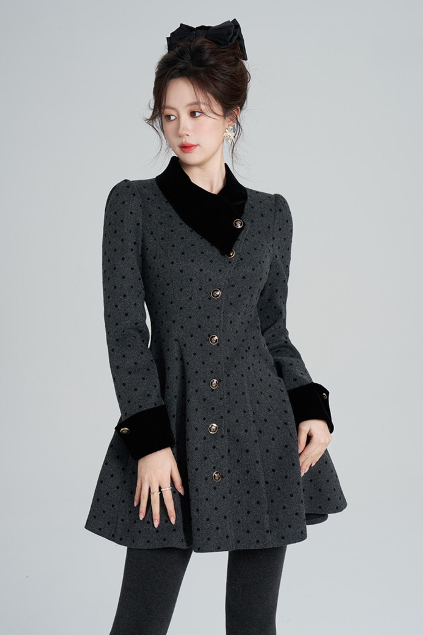 フレンチグレイポルカドットウールンコート