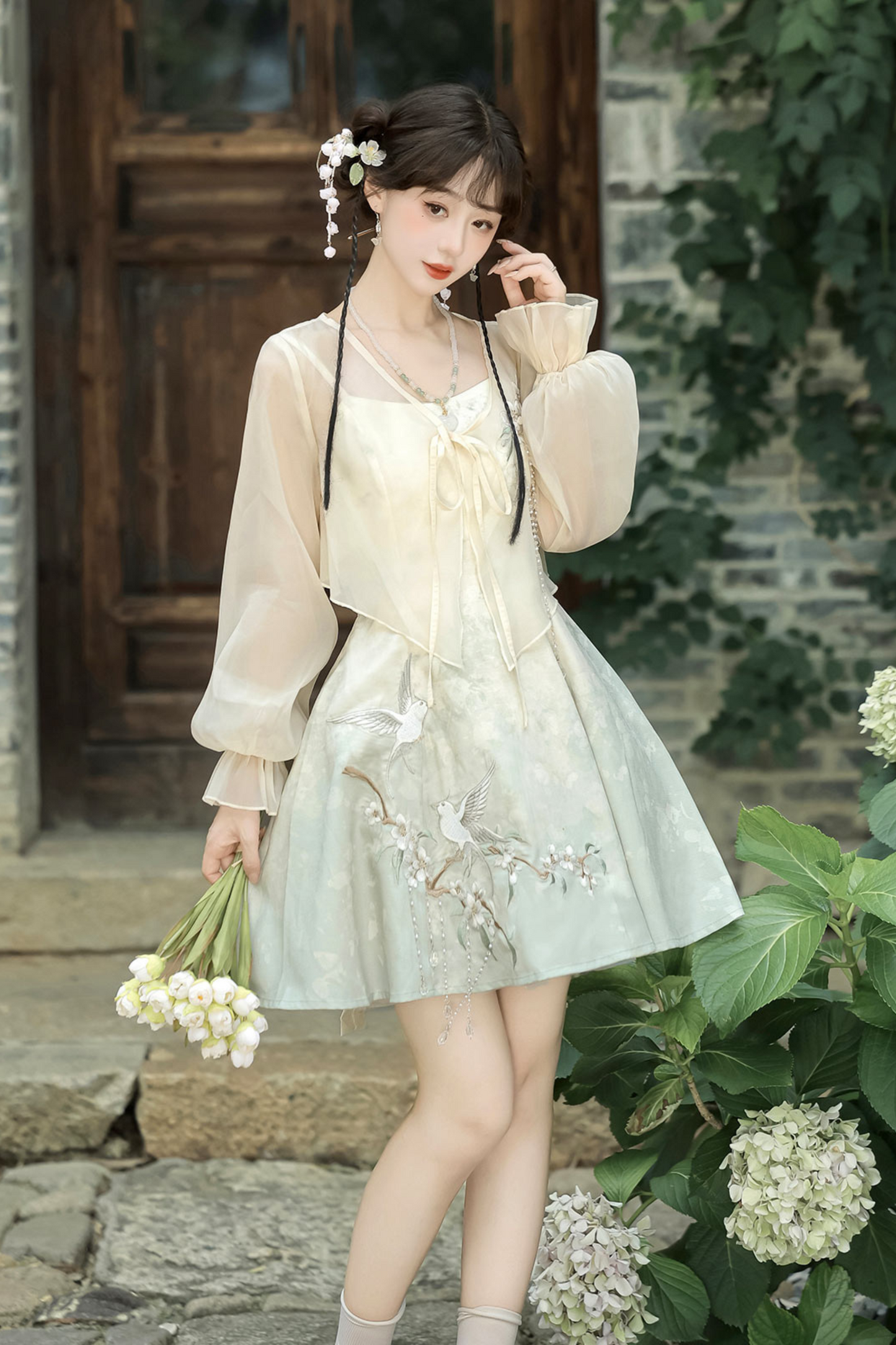 China Gradient Flower Retro Dress + Sheer Cardigan