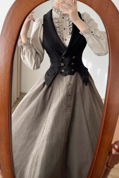 Vintage Striped Waist Tightening Blouse
