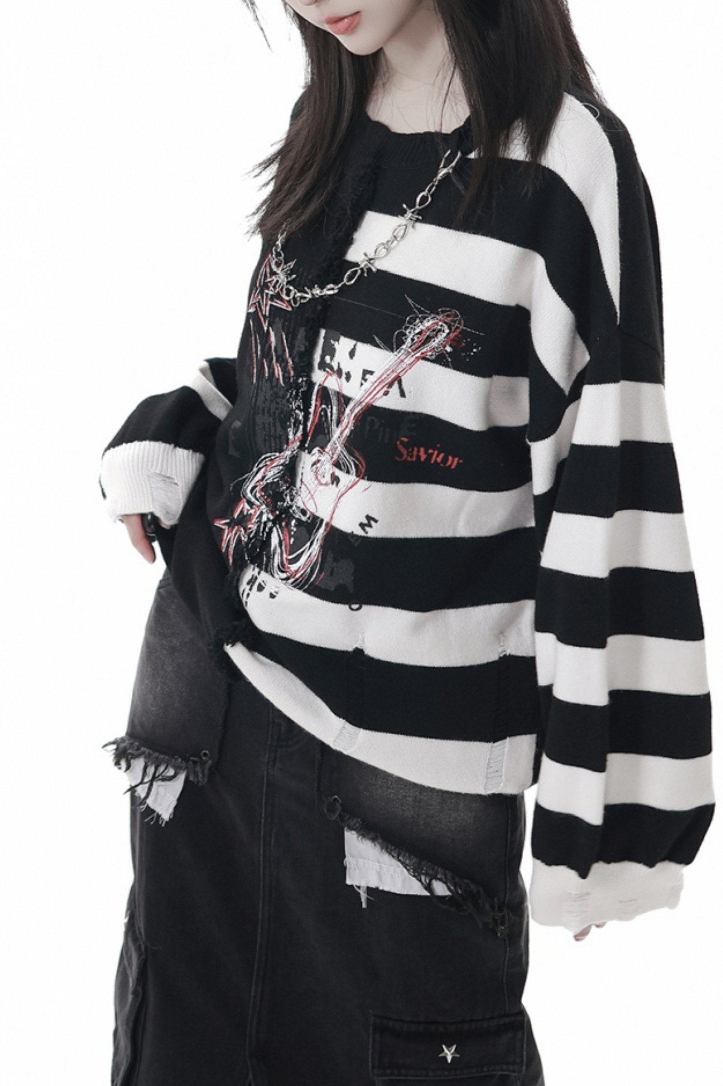 アシメボーダーセーター+デニムスカート