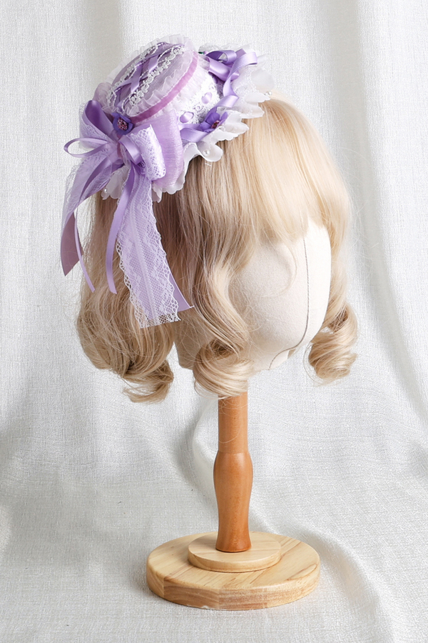 パープルブライダルリボンフラワーボンネット+ハットクリップ+ヘアバンド+リボンクリップ+スリーブ