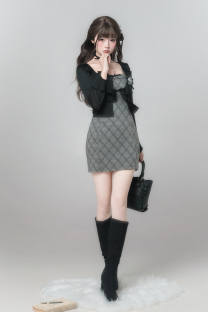 チェックキャミソールドレス+カーディガン