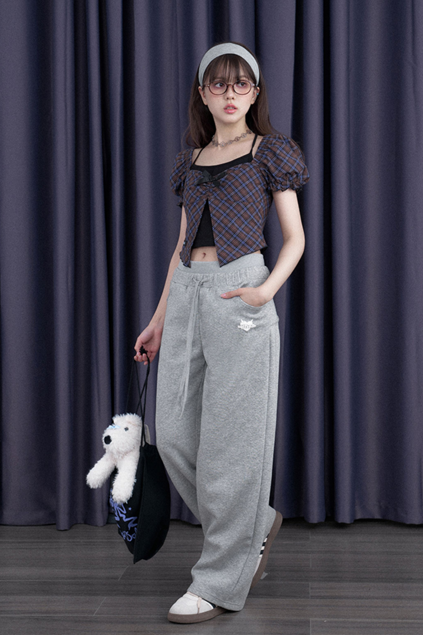 スウィートチェックバブルスリーブトップス