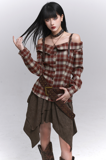 Y2Kチェックオフショルダーシャツ