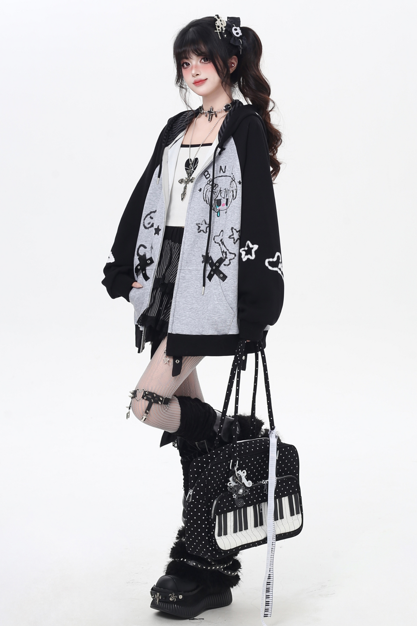 ガールイラストフードルーズパーカー