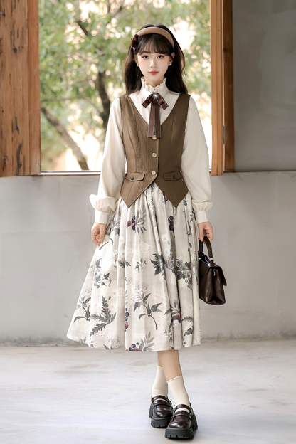 レトロロングコート+スカート+シャツ+ベスト