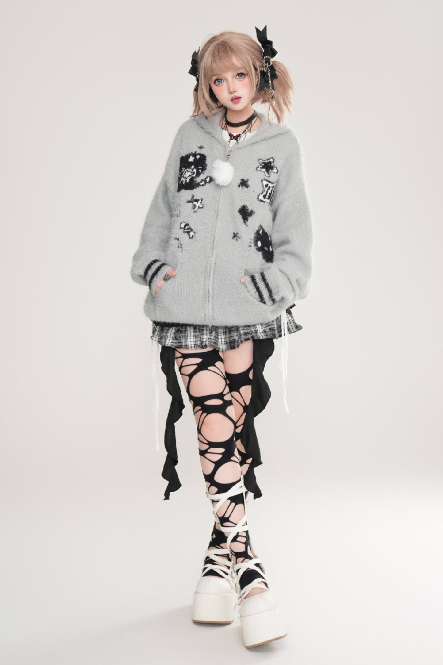 アシメラビットフードルーズカーディガン