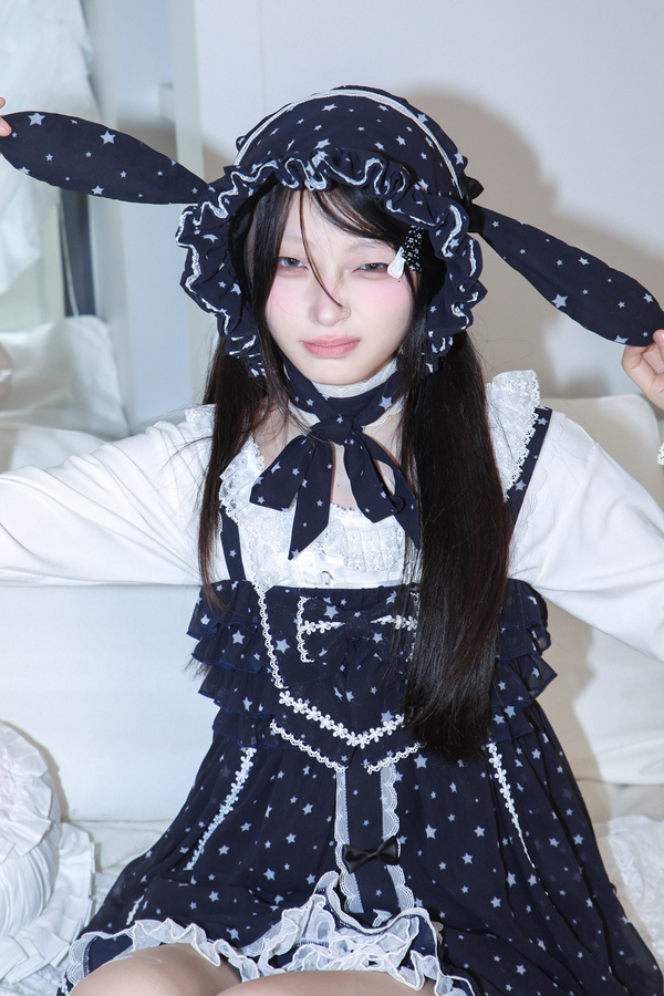 ドットシフォンサンドレス+ラビットハット