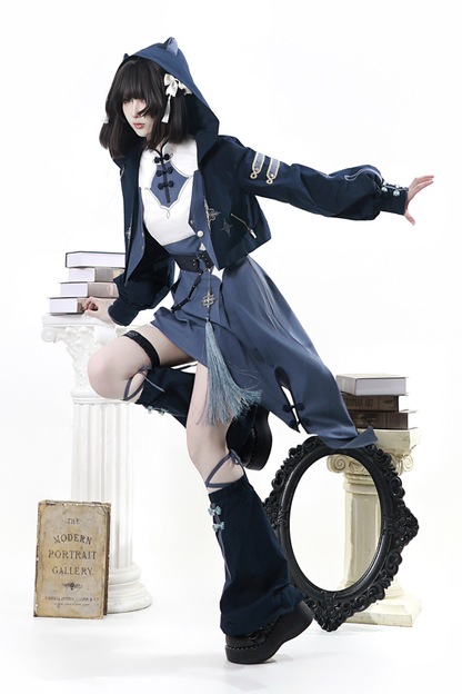 Subkultur Katzenfutter-Jacke + asymmetrisches Kleid + Beinstulpen + Ring