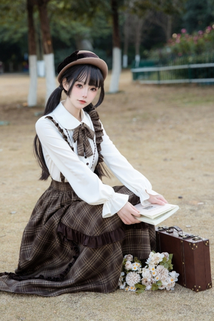 Elegant Check Suspender Skirt + Retro Blouse