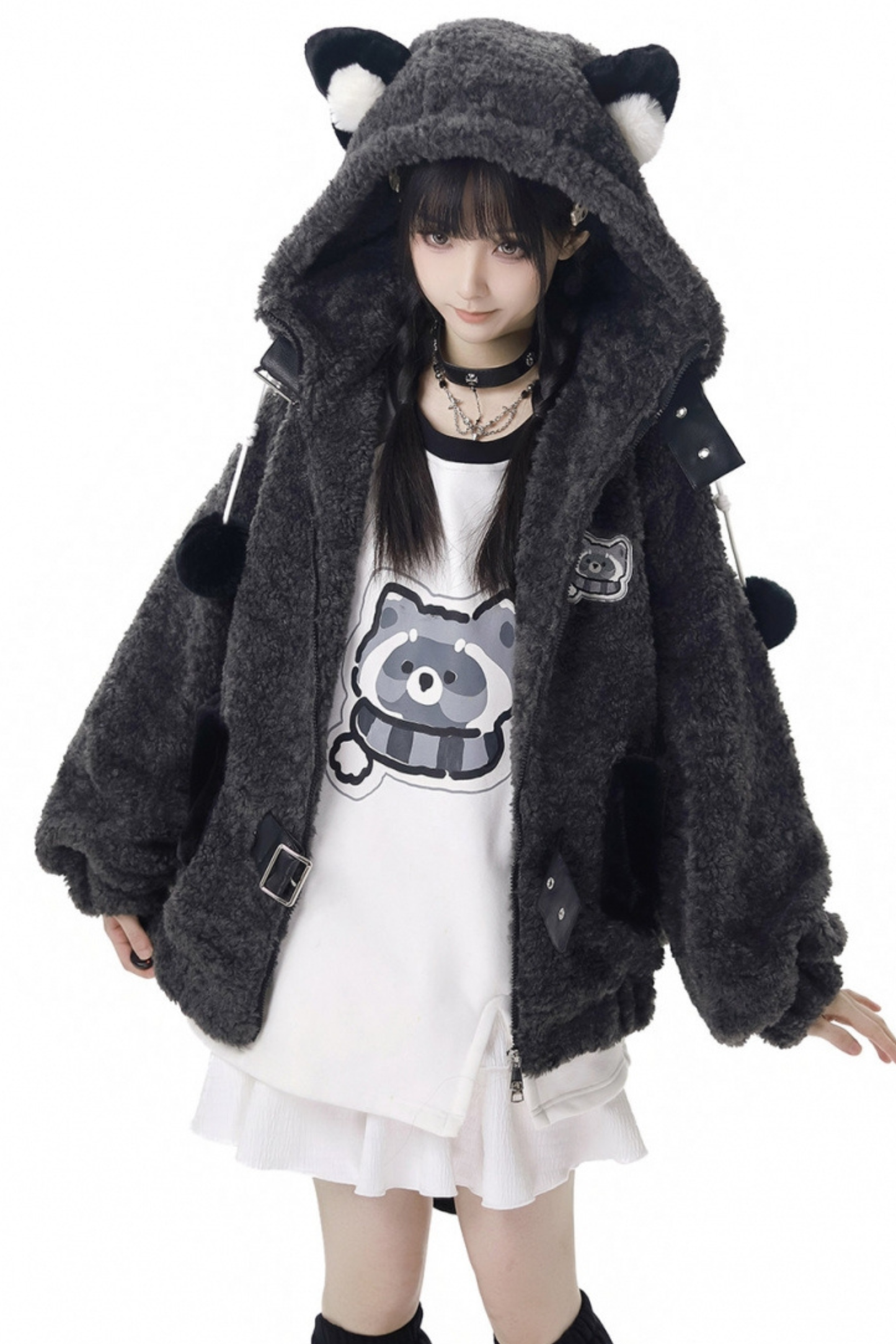 Tanuki fur jacket + sweatshirt + skirt + pants + leg covers