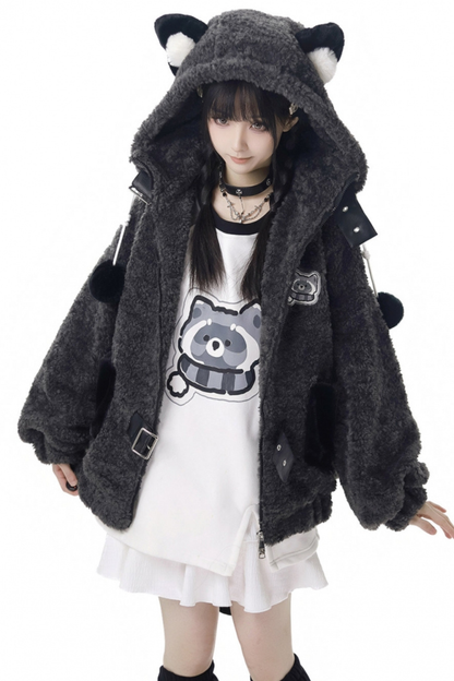Tanuki fur jacket + sweatshirt + skirt + pants + leg covers