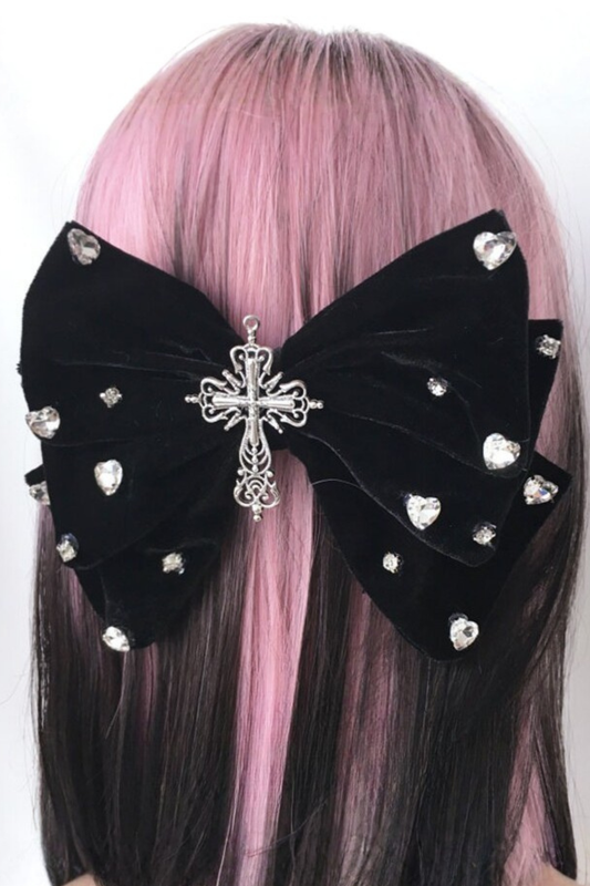 ベルベットラインストーンリボンヘアピン