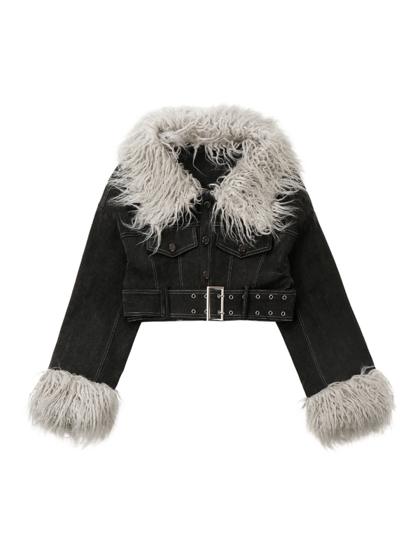 ブラックグレートップスショートデニムジャケットスリットミモレ丈スカートボトムスセットアップ