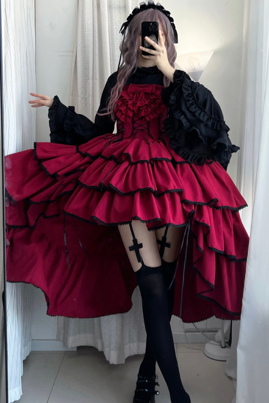 ワインレッドナイトジャンパースカート+シャツ