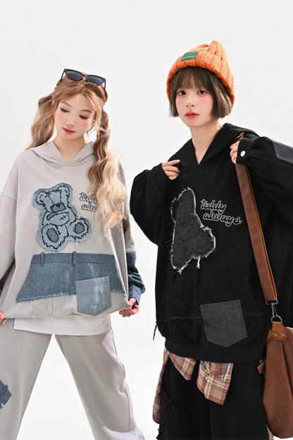 Patchwork Bear Design Loose Hooded Hoodie + Sweatpants