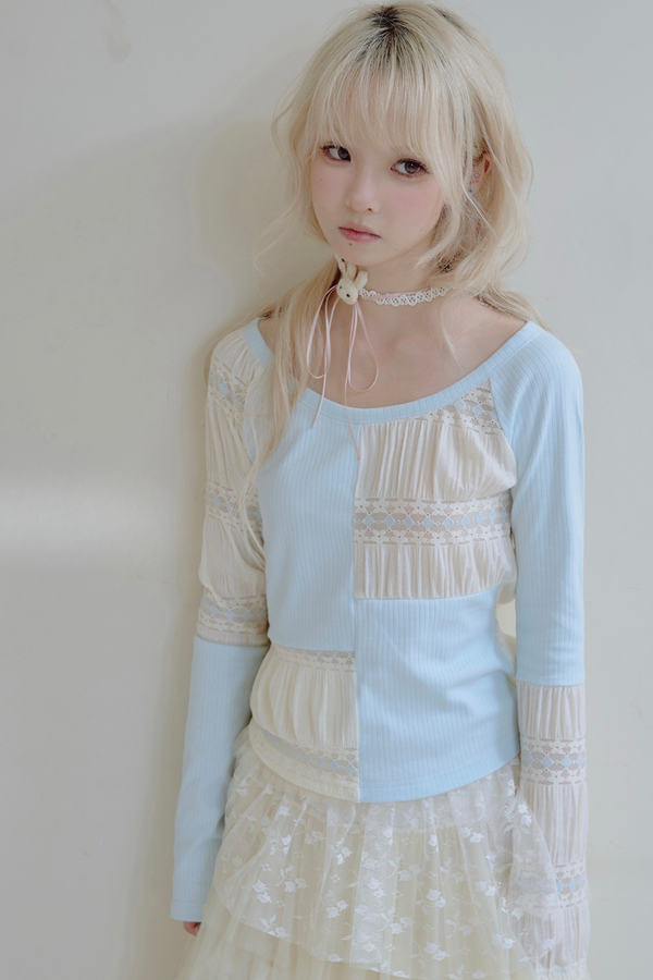 Patchwork design crew neck top