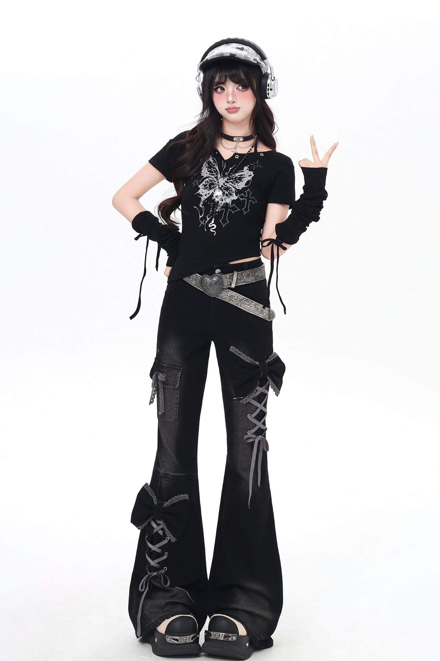 Lace-up flared denim pants