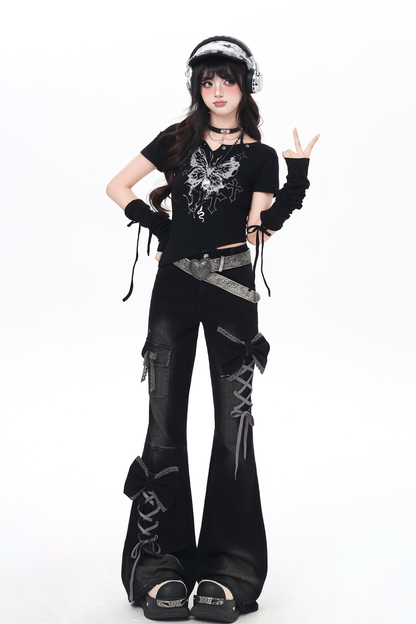 Lace-up flared denim pants