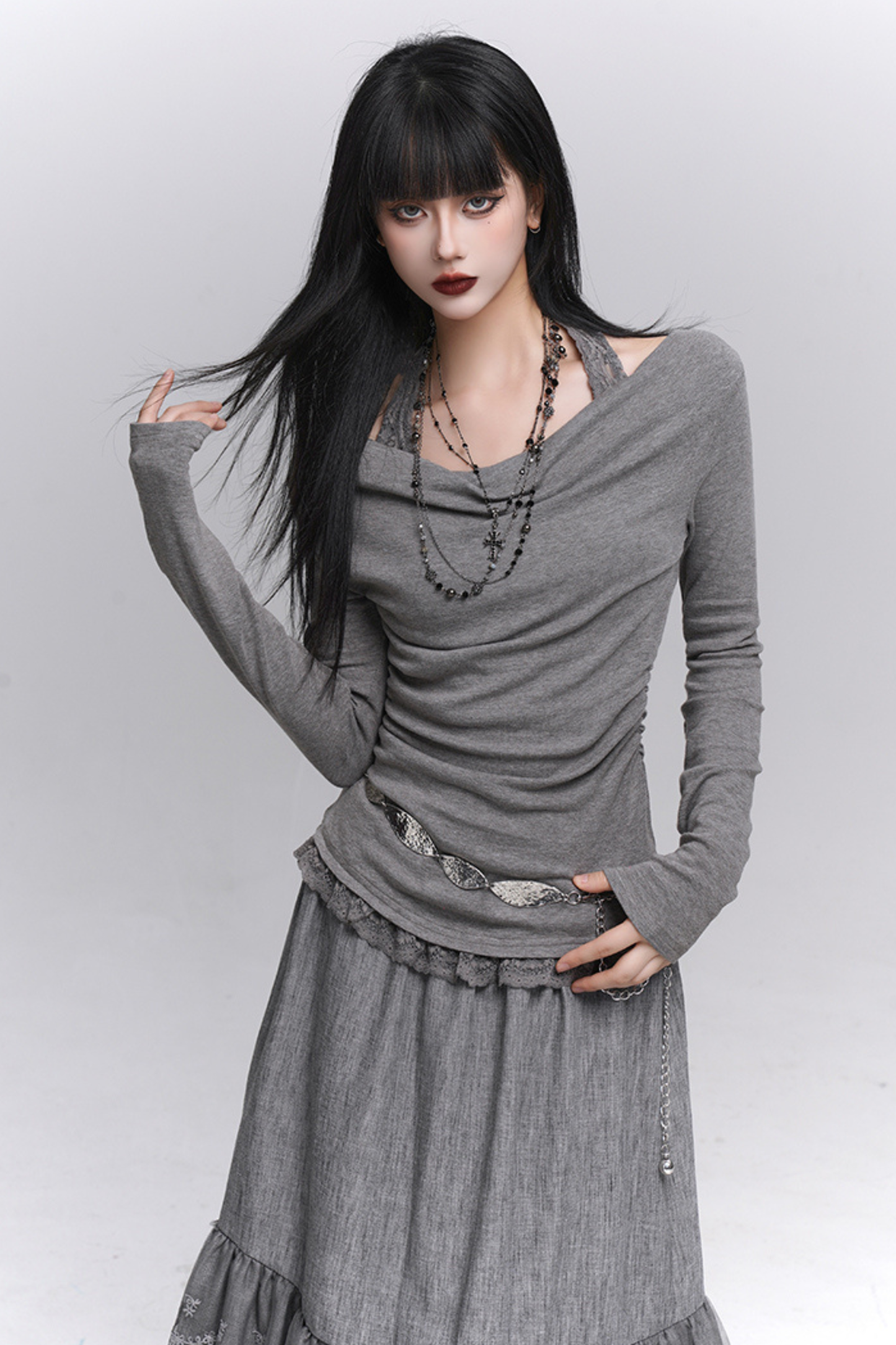 Faux two-piece one-shoulder top