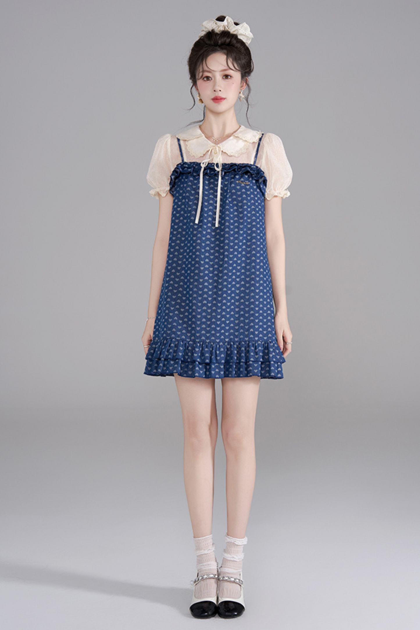Polka Dot Ruffle Denim Dress + Shirt