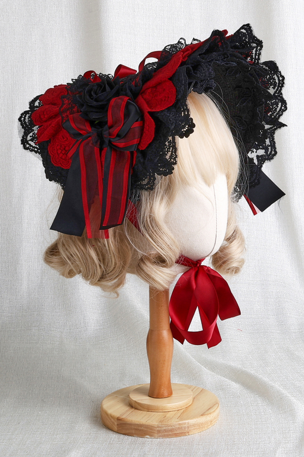 Dark Frilled Lolita Hairband + Flat Hat + Hat Clip + Ribbon Clip + Sleeve