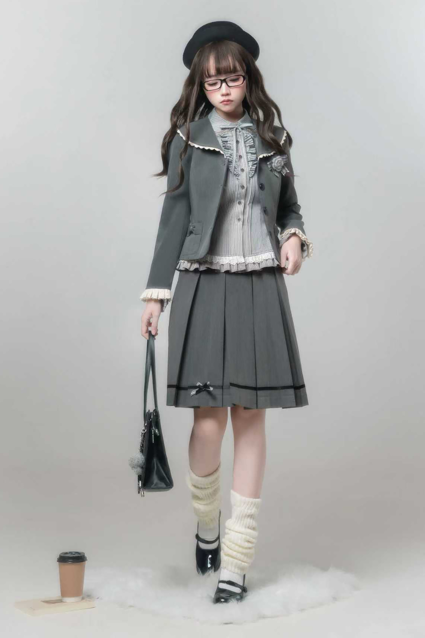 エレガントレトロカレッジジャケット+シャツ+スカート+ブローチ