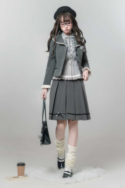 エレガントレトロカレッジジャケット+シャツ+スカート+ブローチ