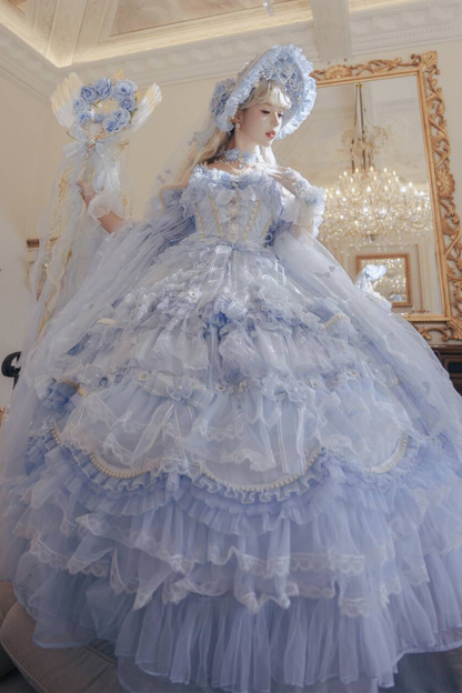 ゴージャスアイスブループリンセスロリータロングドレス