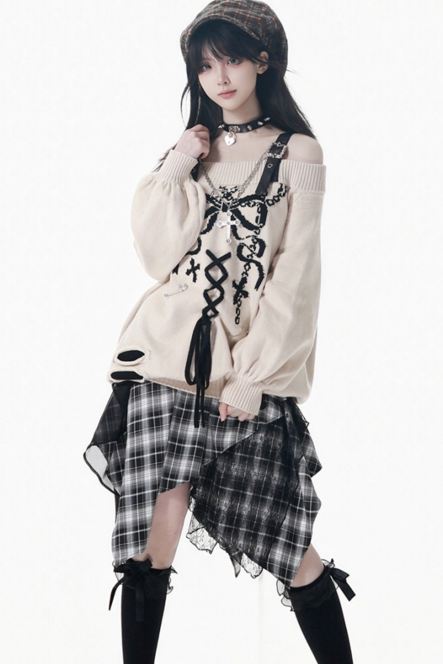 One-Shoulder Ribbon Top + Checked Asymmetrical Skirt