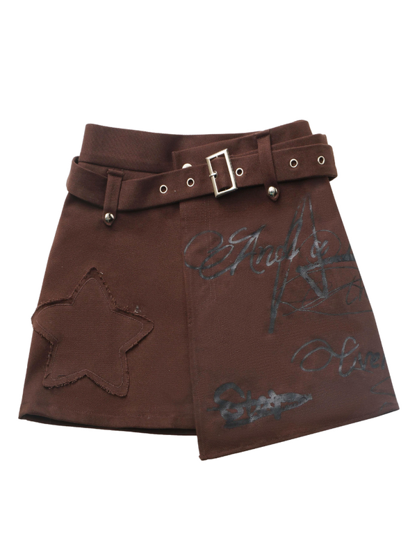 Star American Print Loose Zip Hoodie + Irregular Skirt + Leg Warmers