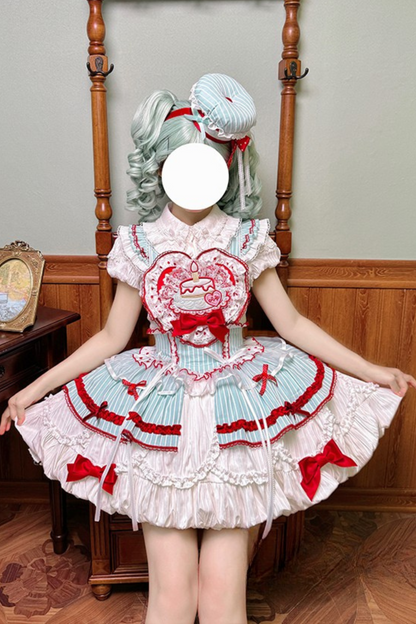 [Pre-order Deadline: September 27] Twin Tiered Lolita Dot Ribbon Striped Dress + Flower Bud Skirt Dress