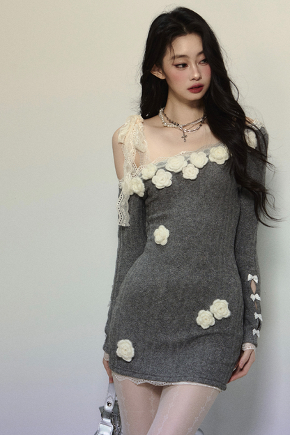 Wild Loose French Lace Flower Off-the-shoulder Dress