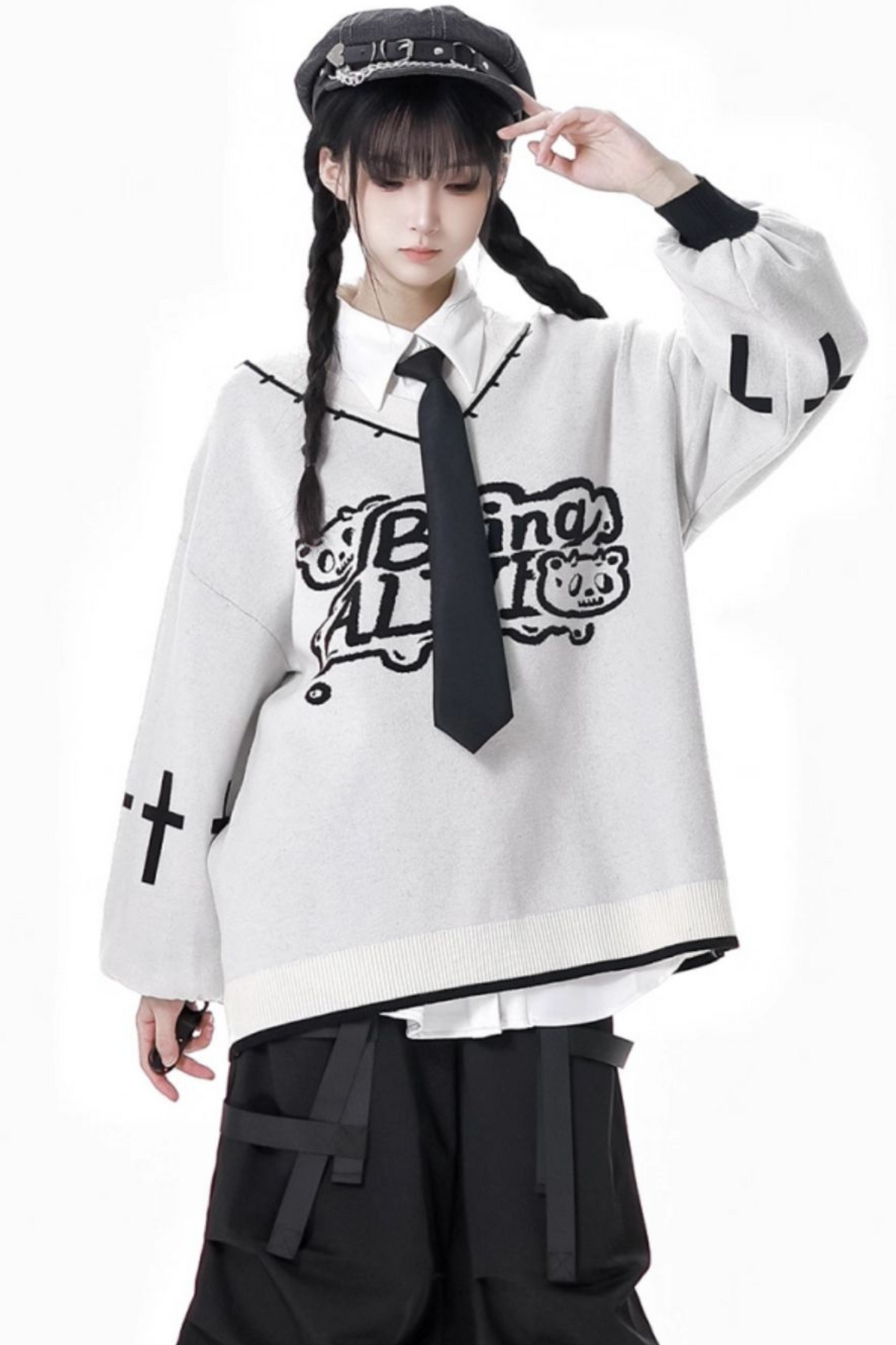 猫耳フードトップス+ルーズニットセーター+カーゴパンツ+ストラップスカート