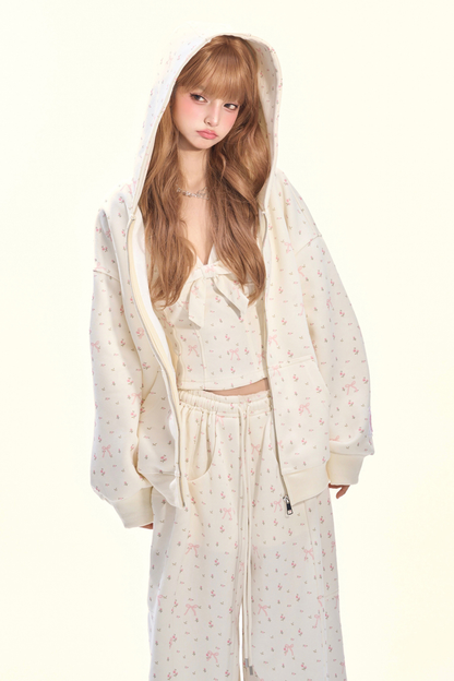 リトルキュートフラワーフードパーカー+リボンキャミソール+ワイドパンツ