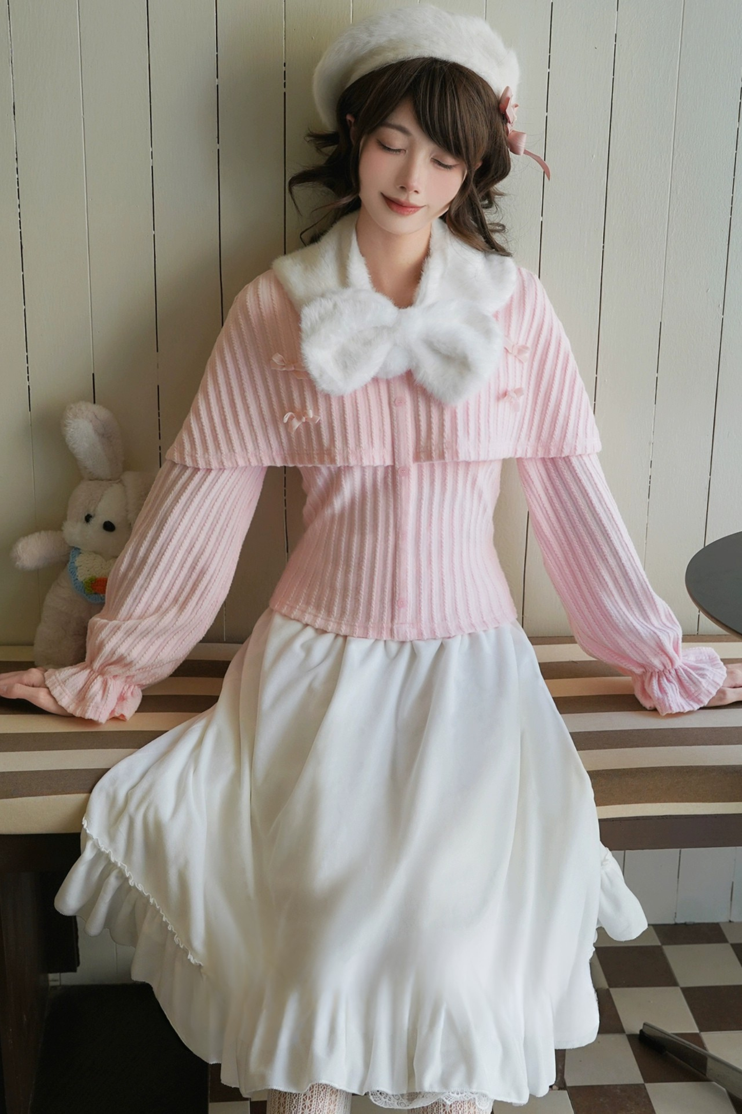 ルーズランタンスリーブニットトップス+ロングスカート+ショートスカート