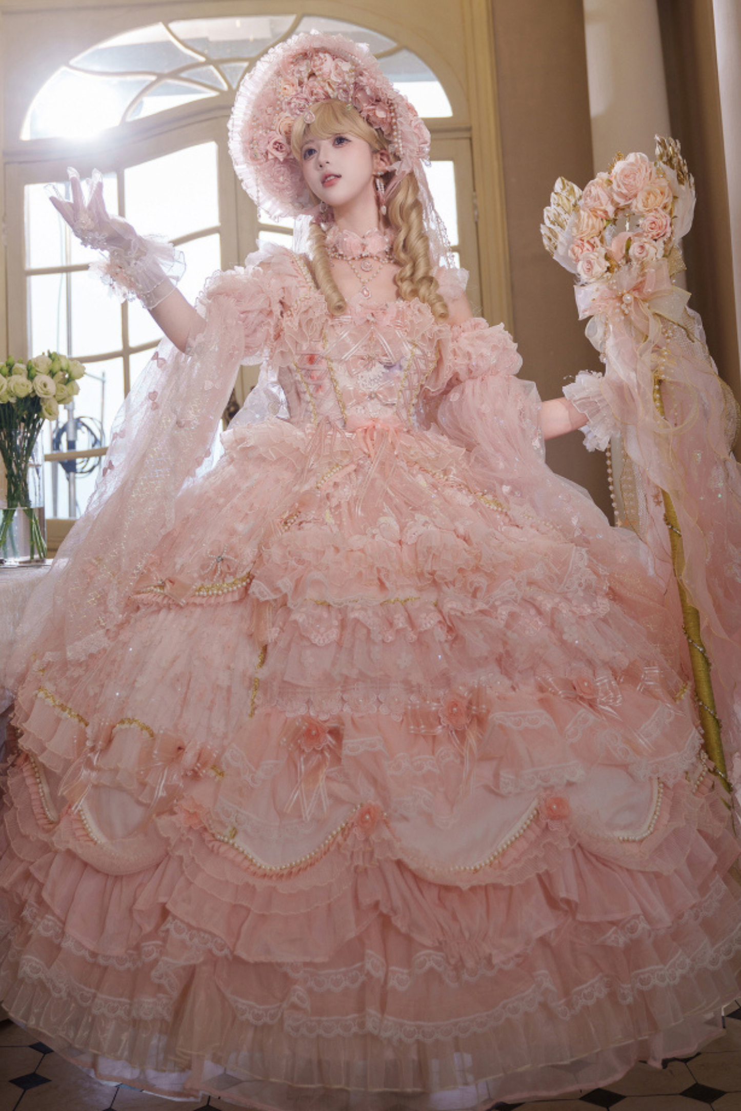 スイートフラワーゴージャスティーパーティーロリータアクセサリーハット+ベール+ネックレス+グローブ+セプター