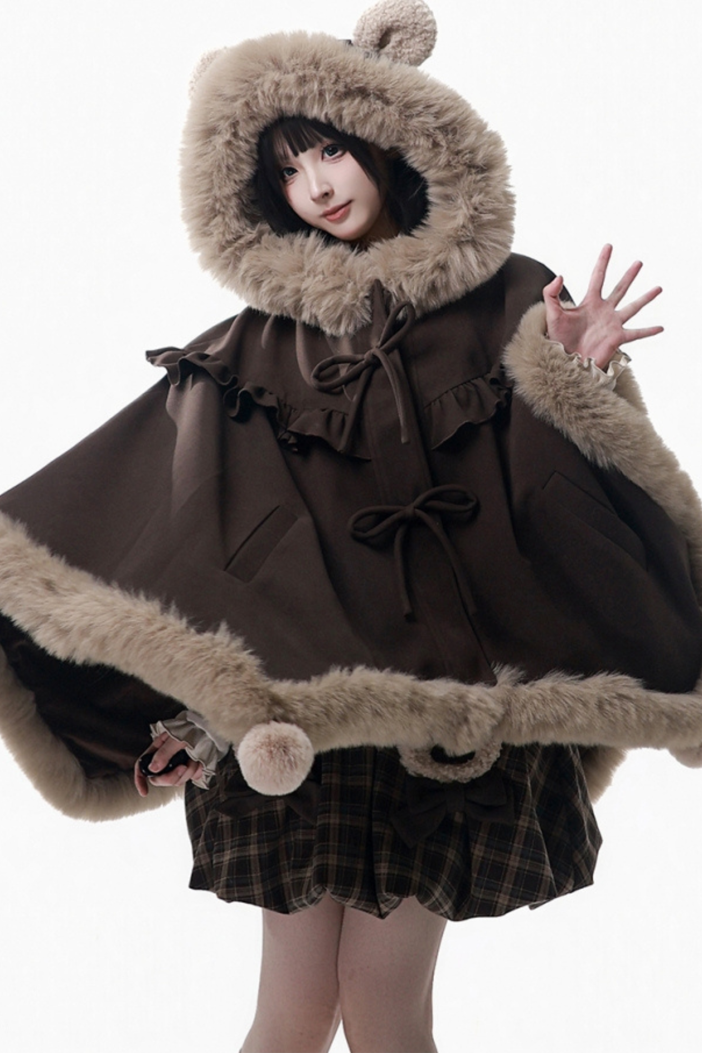 ベルベットベアフードケープ+トップス+サスペンダースカート+レッグカバー