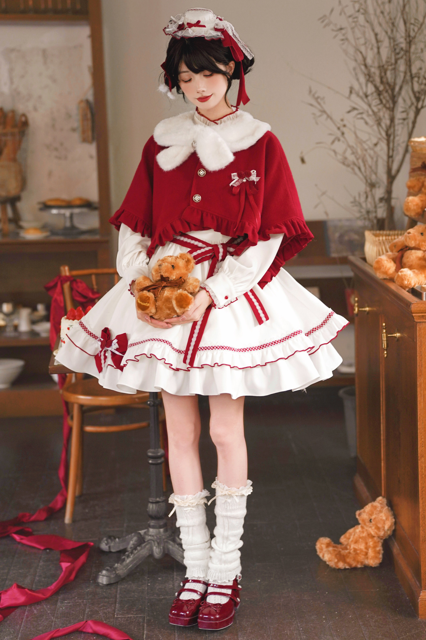 レッドウィッシュリボンドレス+ケープ