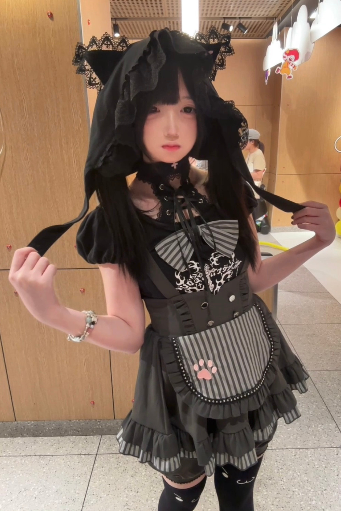 キュートキャットパフスリーブトップス+サスペンダースカート+パンツ+ハット