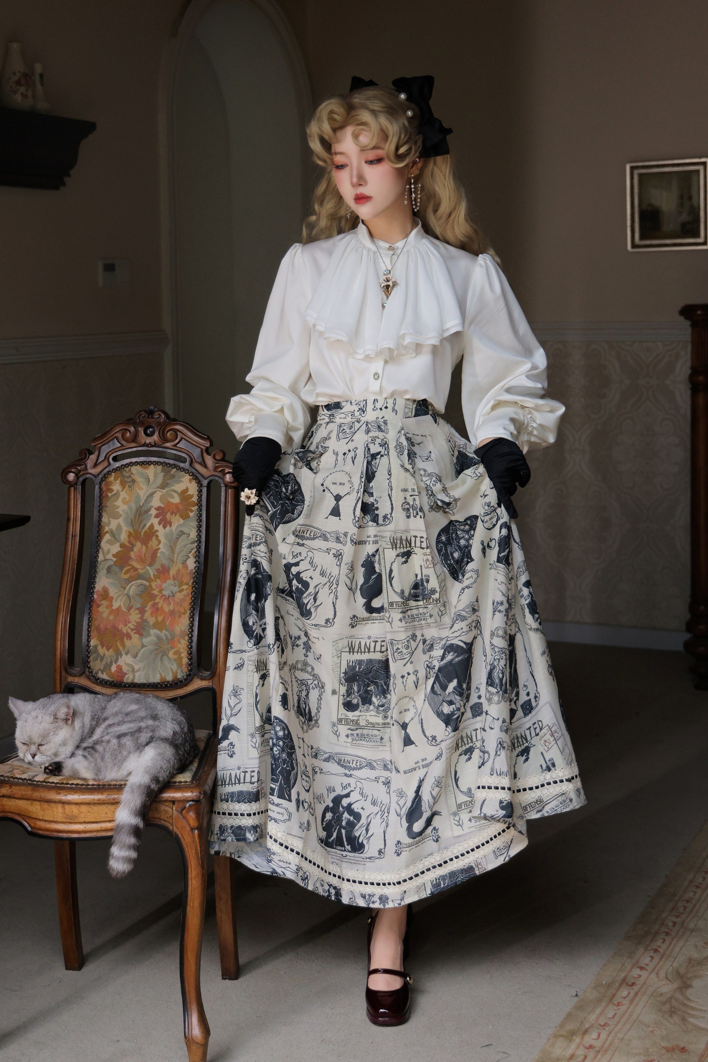 レトロシックアートプリントロングスカート