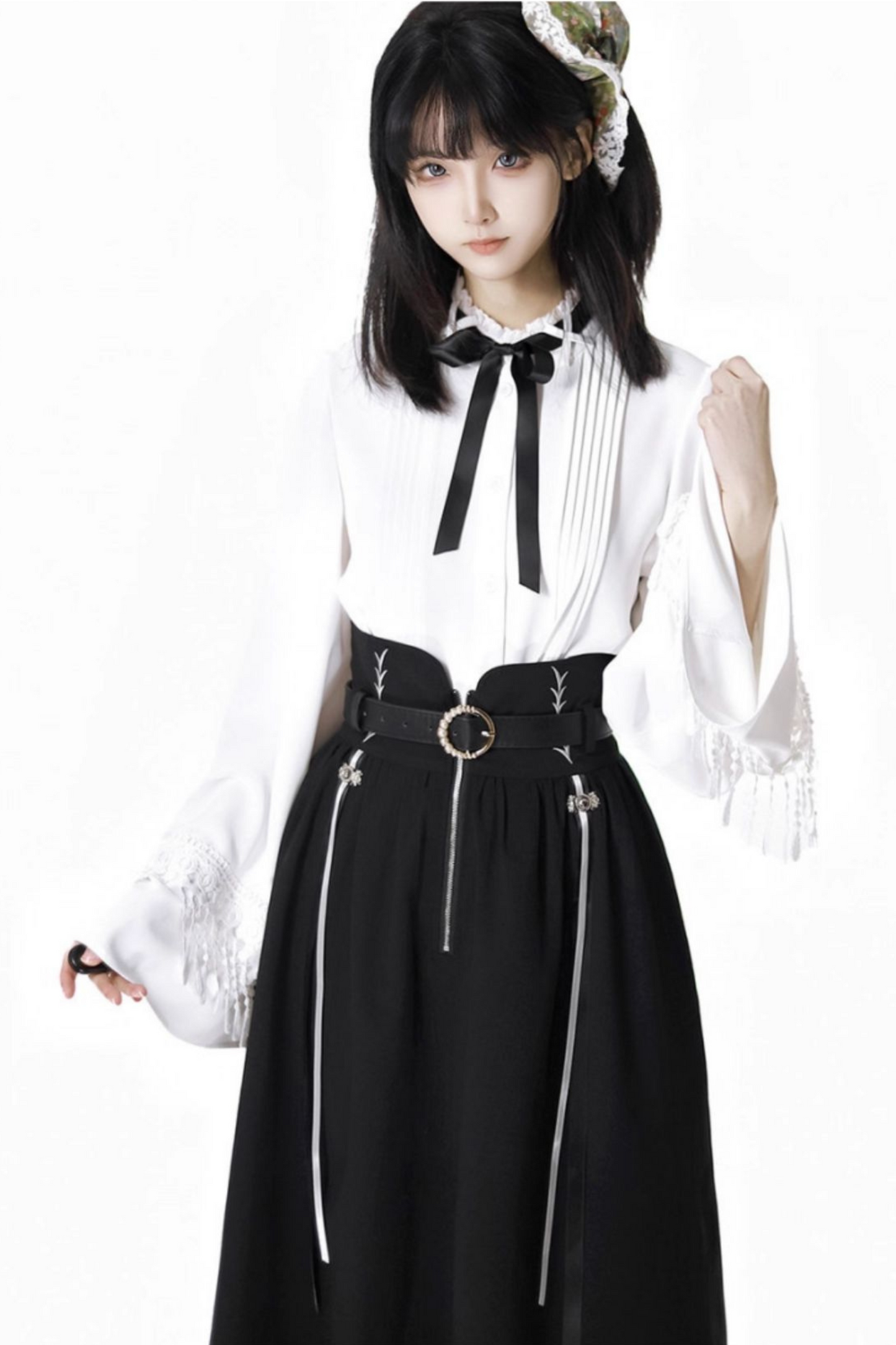 ダークモードスクエアネックカーディガン+シャツ+ロングスカート