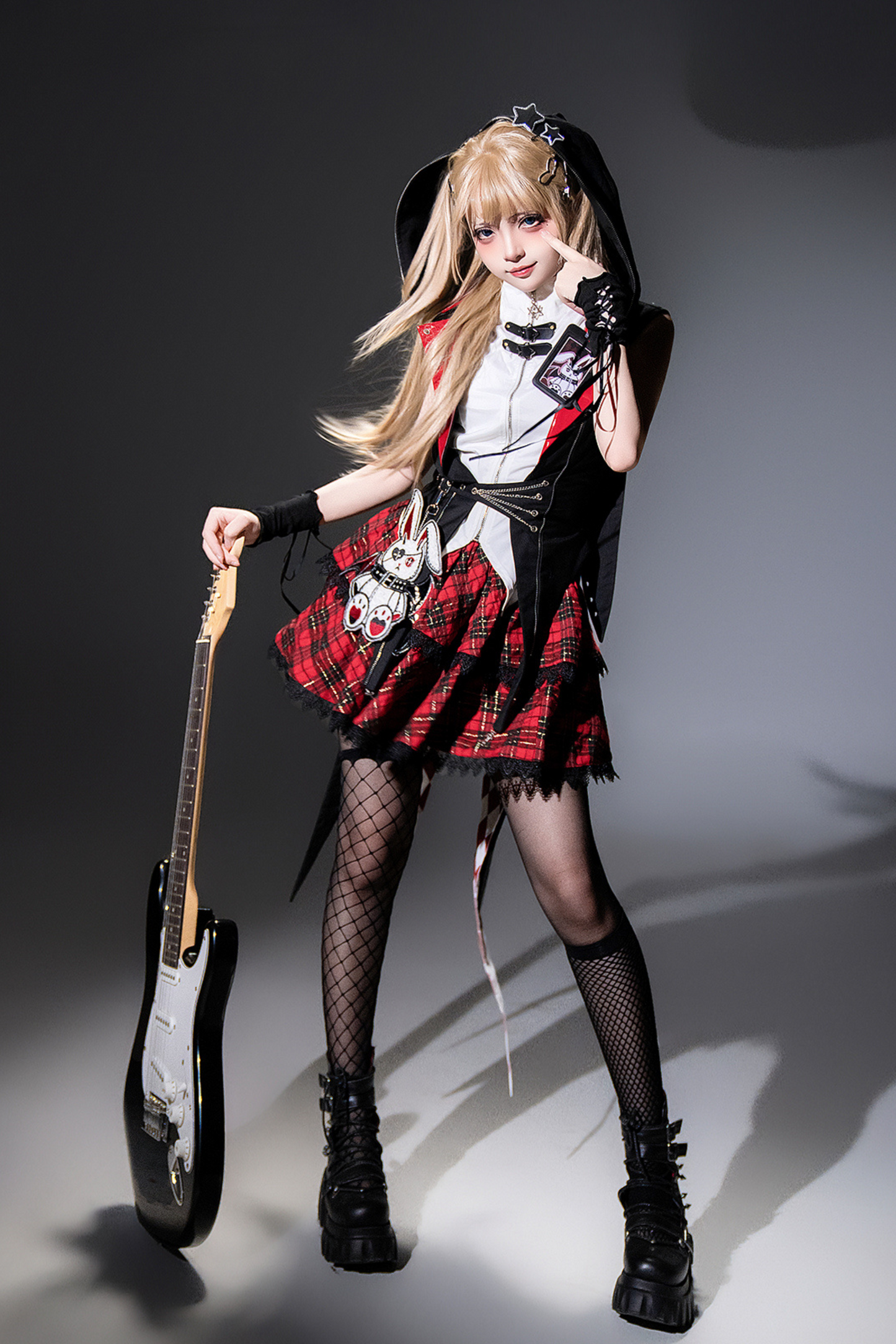 【予約商品】バニーロックスターガールフード付きジャケット+ブラウス+チェックスカート