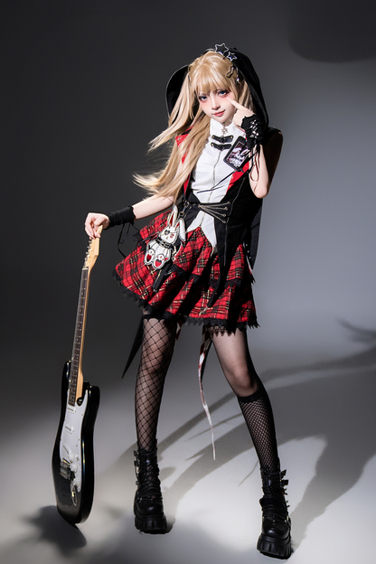 【予約商品】バニーロックスターガールフード付きジャケット+ブラウス+チェックスカート