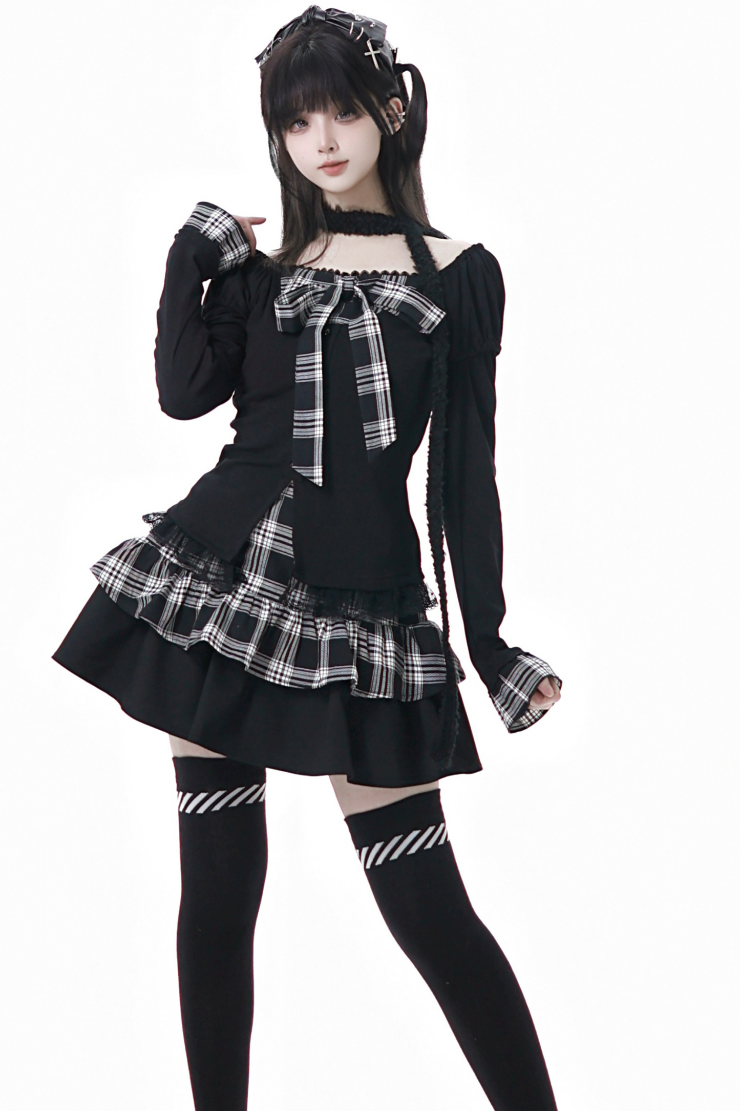 チェックリボントップス+スカート